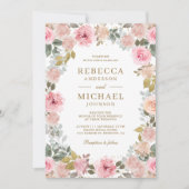 Roze en Gouden Bloemencode QR Wedding Kaart (Voorkant)