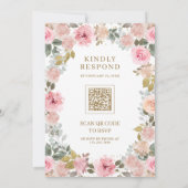 Roze en Gouden Bloemencode QR Wedding Kaart (Achterkant)