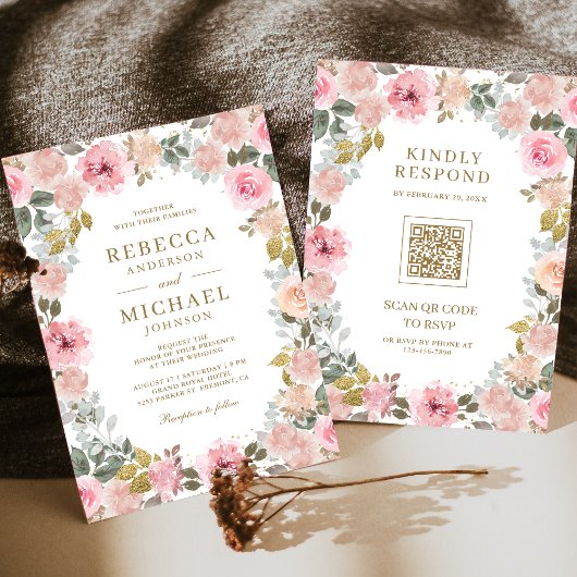Roze en Gouden Bloemencode QR Wedding Kaart
