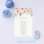 Roze en Gouden Bloemenevenement Diner Papier Menu (Enkel)