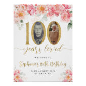 Roze en gouden bloemenfoto 100e verjaardag Welkom Perfect Poster (Voorkant)