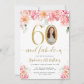 Roze en gouden bloemenfoto 60e verjaardag kaart (Voorkant)