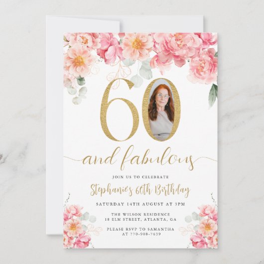 Roze en gouden bloemenfoto 60e verjaardag kaart (Voorkant)