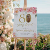 Roze en gouden bloemenfoto 80e verjaardag Welkom Perfect Poster