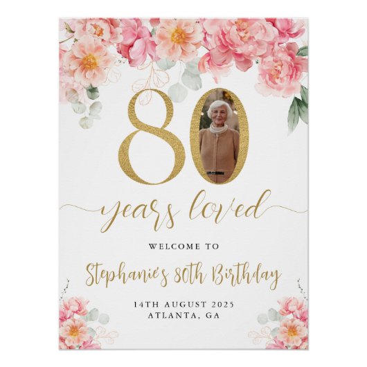 Roze en gouden bloemenfoto 80e verjaardag Welkom Perfect Poster (Voorkant)