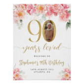 Roze en gouden bloemenfoto 90e verjaardag Welkom Perfect Poster (Voorkant)