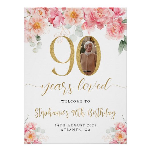 Roze en gouden bloemenfoto 90e verjaardag Welkom Perfect Poster (Voorkant)