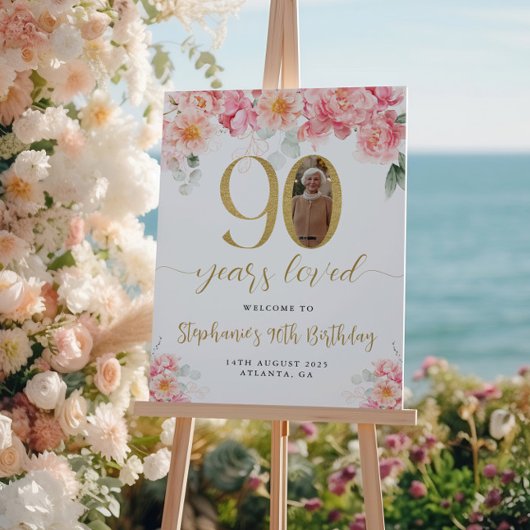 Roze en gouden bloemenfoto 90e verjaardag Welkom Perfect Poster