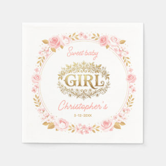 Roze en Gouden Bloemengirly Baby Shower Servet