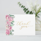 Roze en gouden bloemengroen Baby shower Dank u Bedankkaart (Staand voorkant)