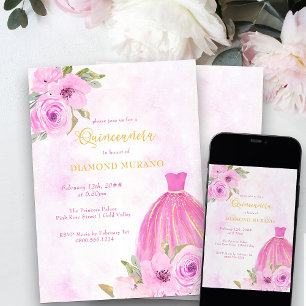 Roze en gouden bloemenkleed voor prinsessen Quince Kaart