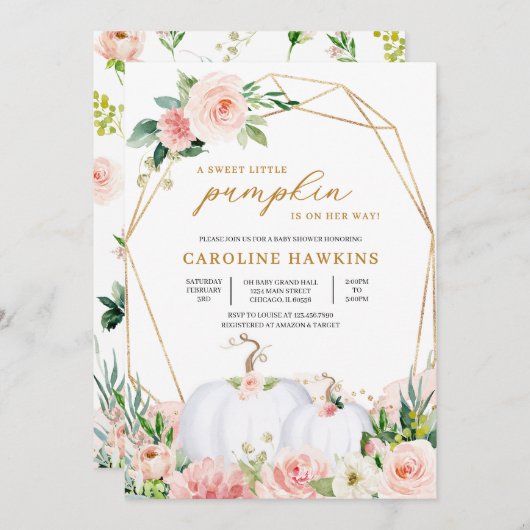 Roze en gouden bloemenpompoen Baby shower Kaart (Voorkant / Achterkant)