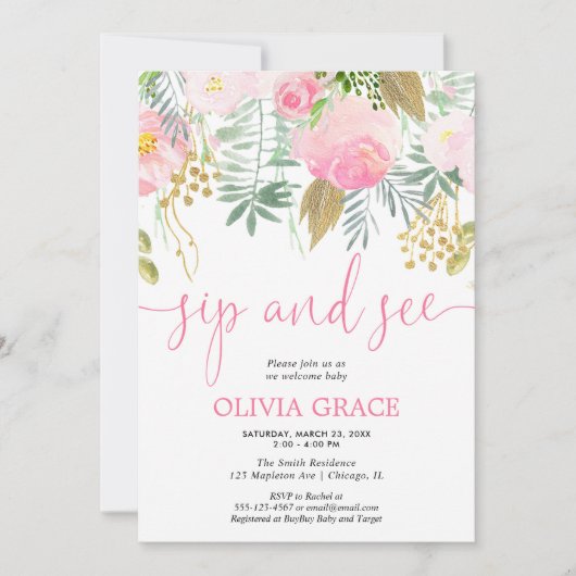 Roze en gouden bloemenslok en zie baby meisje douc kaart (Voorkant)