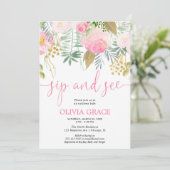 Roze en gouden bloemenslok en zie baby meisje douc kaart (Staand voorkant)