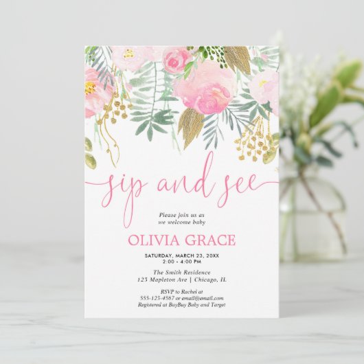 Roze en gouden bloemenslok en zie baby meisje douc kaart (Staand voorkant)