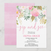 Roze en gouden bloemenslok en zie baby meisje douc kaart (Voorkant / Achterkant)