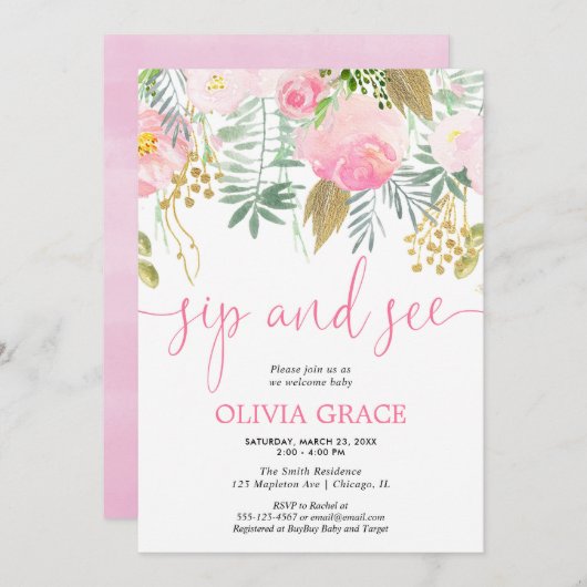 Roze en gouden bloemenslok en zie baby meisje douc kaart (Voorkant / Achterkant)