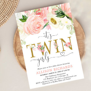 Roze en gouden bloementweeling meisjes baby shower kaart