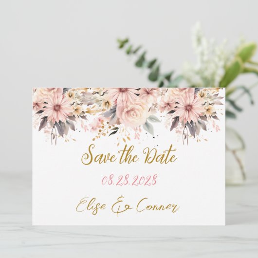 Roze en Gouden Bloemenvlinder Save the Date Cards Kaart (Staand voorkant)