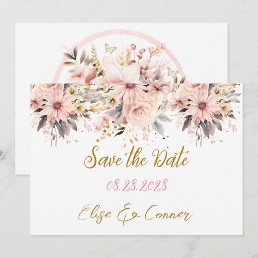 Roze en Gouden Bloemenvlinder Save the Date Cards Kaart (Voorkant / Achterkant)