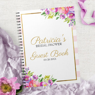 Roze en gouden bloemig bruidsfeest gastboek notitieboek