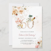 Roze en gouden bloemige 60ste verjaardagsuitnodigi kaart (Voorkant)