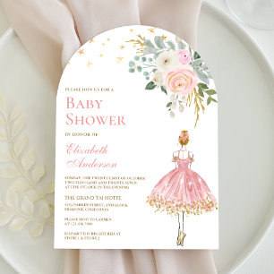 Roze en Gouden Bloemige Ballerina Boog Baby Shower Kaart