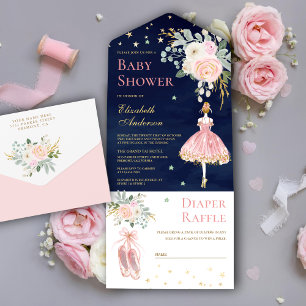 Roze en gouden bloemige ballerina marine baby show all in one uitnodiging