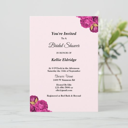 Roze en gouden bloemige bruidsdouche uitnodiging (Staand voorkant)