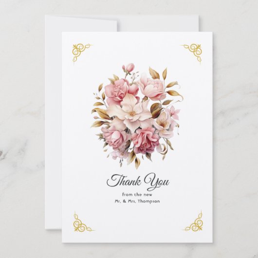 Roze en Gouden Bloemige Bruiloft Bedankkaart (Voorkant)