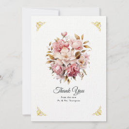 Roze en Gouden Bloemige Bruiloft Bedankkaart