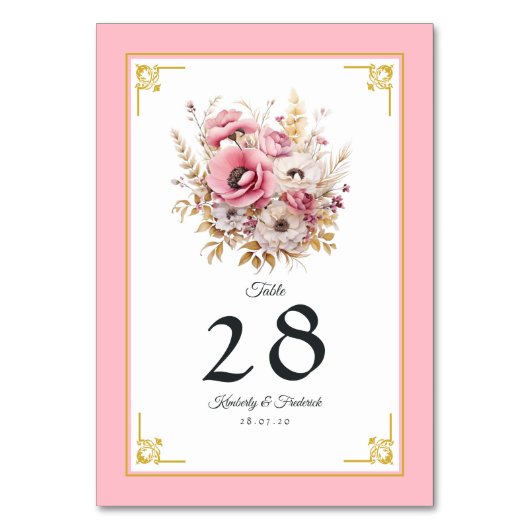 Roze en Gouden Bloemige Bruiloft Kaart (Voorkant)