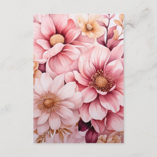 Roze en gouden bloemige details voor bruiloftsgast informatiekaartje (Achterkant)