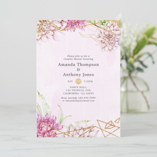 Roze en gouden bloemige geometrische couples babys kaart (Staand voorkant)