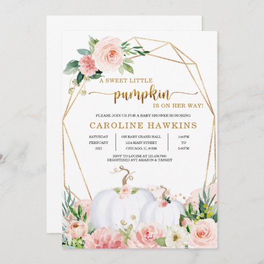 Roze en Gouden Bloemige Pompoen Herfst Baby Shower Kaart (Voorkant / Achterkant)