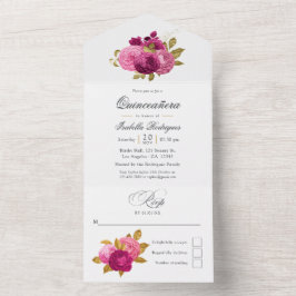 Roze en gouden bloemige Quinceañera All In One Uitnodiging