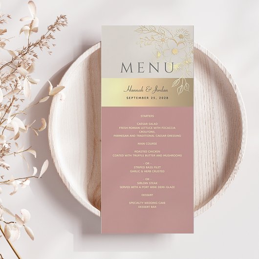 Roze en Gouden Bloemige Trouwfeest Menu