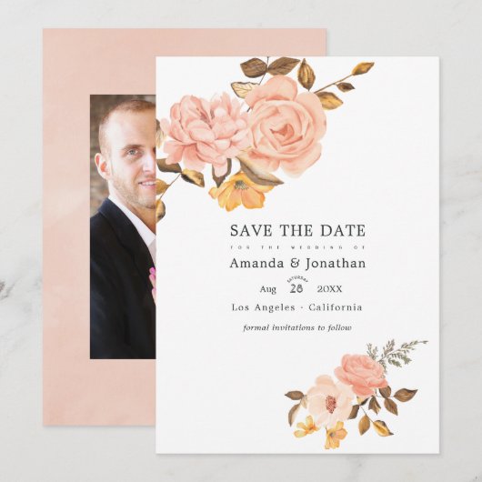Roze en gouden bloemige trouwfoto save the date (Voorkant / Achterkant)