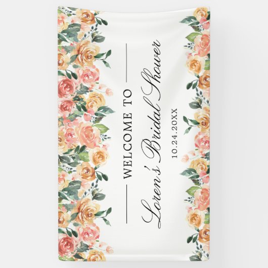 Roze en gouden bloemrijke elegante bruidsbeurtscha spandoek (Verticaal)