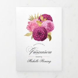 Roze en Gouden Bloemrijke Quinceañera Foto Tri-Fol Drieluik Uitnodiging