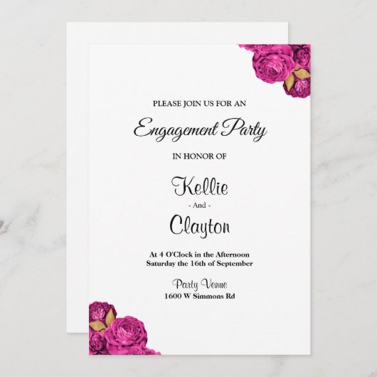 Roze en gouden bloemverlovingsfeest kaart (Voorkant / Achterkant)