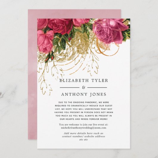 roze en gouden bruiloft - lijst met minder bezoek aankondiging (Voorkant / Achterkant)