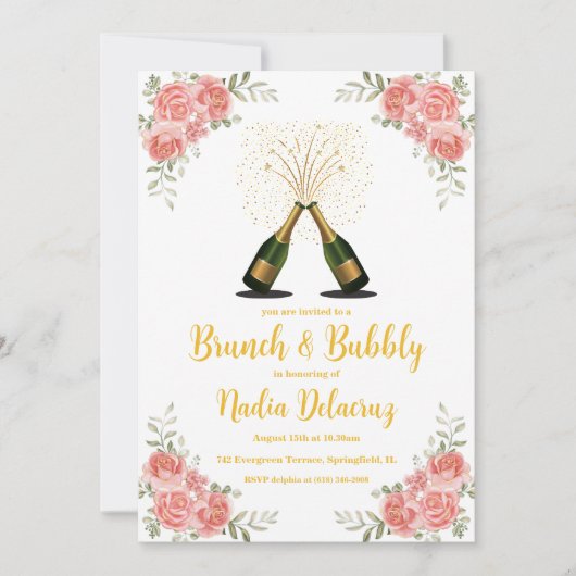 Roze en gouden brunch en bruisend vrijgezellenfees kaart (Voorkant)