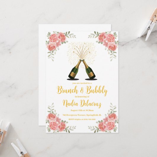 Roze en gouden brunch en bruisend vrijgezellenfees kaart (Voorkant / Achterkant in situ)