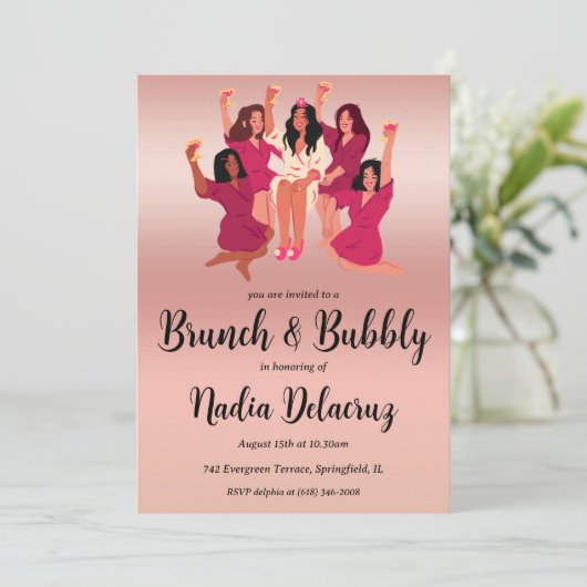 Roze en gouden brunch en bruisend vrijgezellenfees kaart (Staand voorkant)