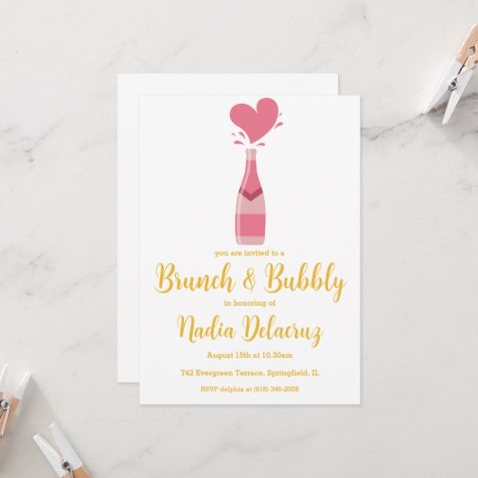 Roze en gouden brunch en bruisend vrijgezellenfees kaart (Voorkant / Achterkant in situ)