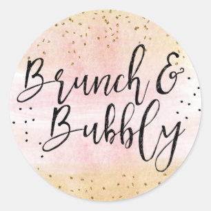 Roze en gouden brunch en bubbels bruidsfeest ronde sticker