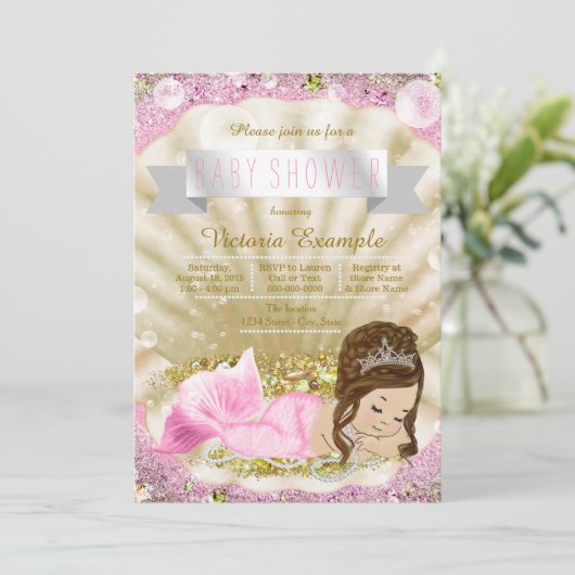 Roze en Gouden Brunette Zeemeermin Baby shower Kaart (Staand voorkant)