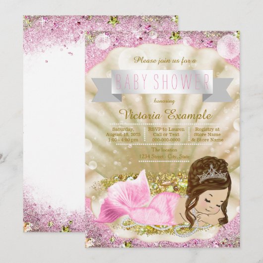 Roze en Gouden Brunette Zeemeermin Baby shower Kaart (Voorkant / Achterkant)