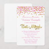 Roze en gouden confetti Bat Mitzvah Kaart (Voorkant / Achterkant)
